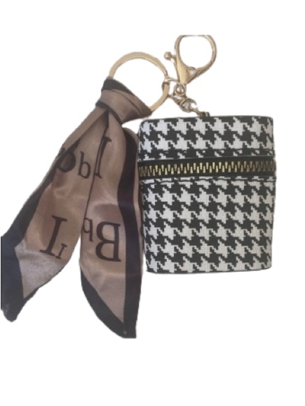 Mini Bag Charm Keychain Bag with Scarf- houndstooth-zipper